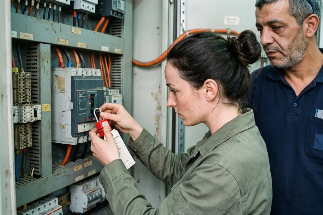 Une stagiaire pose un cadenas de consignation rouge et son étiquette sur un disjoncteur, sous le regard du formateur.