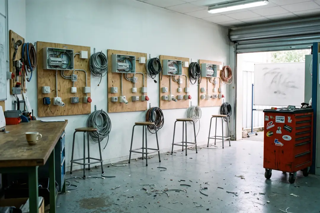 Plateau technique du centre : rangée de postes d’entraînement avec tableaux câblés, tabourets et couronnes de câble.