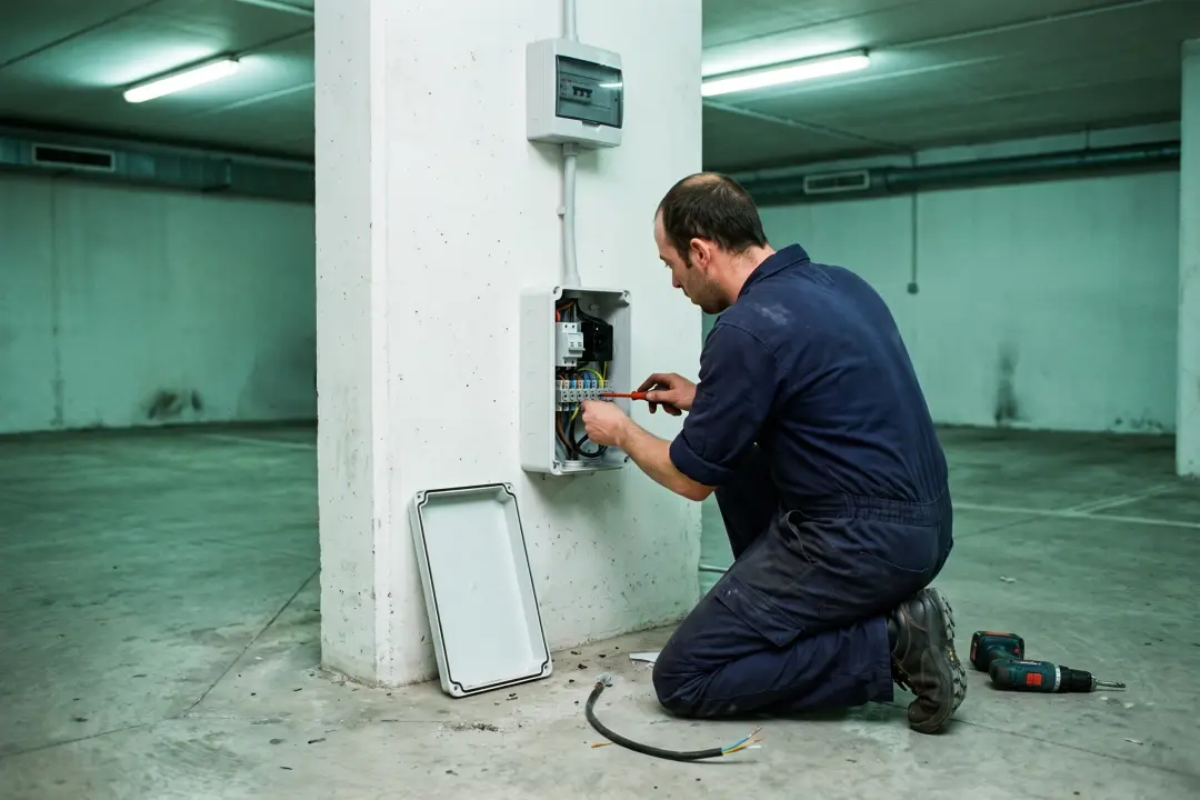Stagiaire IRVE agenouillé dans un parking, tournevis en main, raccordant le bornier d’une borne de recharge murale ouverte.